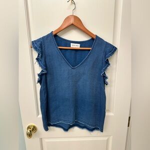 Bella Dahl Blue V-Neck Ruffle Sleeve Top, size S